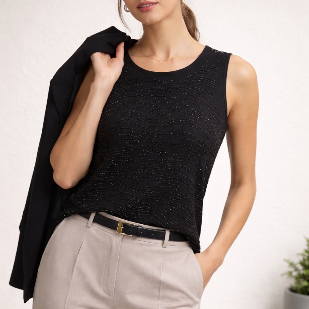 Textured Beaded Black Tank | Minimalist Luxe Sleeveless Top | Workwear‎ Chic
